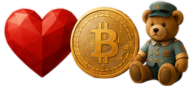 Heart, Bitcoin coin, and a bear in a uniform cap, representing fast and secure Bitcoin payment.